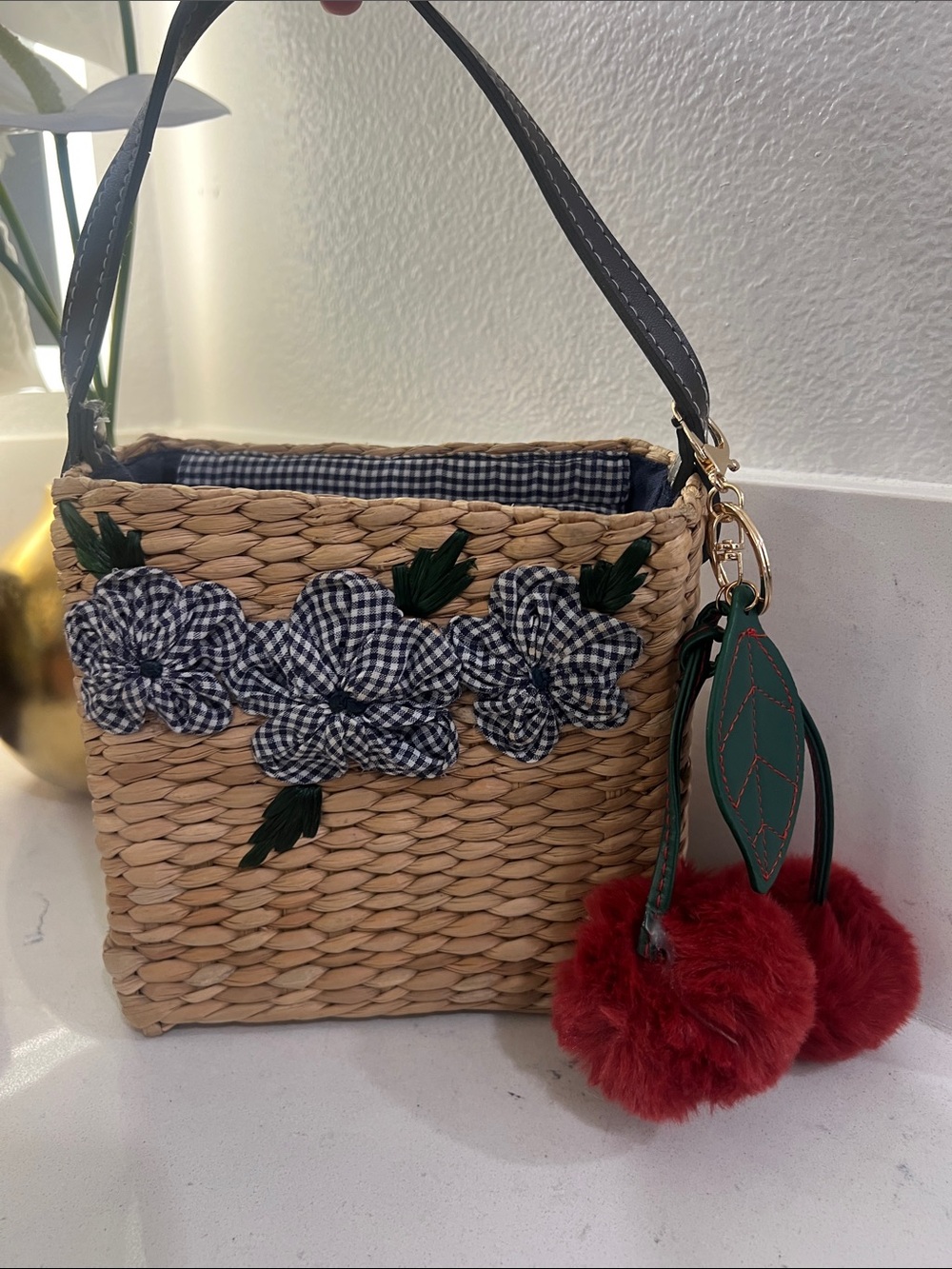 Tommy Hilfiger Straw Mini Bag with Navy Gingham Flowers and Red Pom Charm